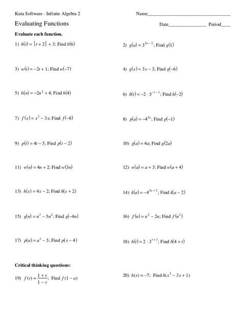 q Worksheet by Kuta Software LLC Evaluate the following expressions given f (x) 4 x 2, g(x) 3 x 3 and h(x) 8 x 10 17) Find x if f (x) 2 18) Find x if g(x) 12. . Evaluating functions worksheet pdf kuta